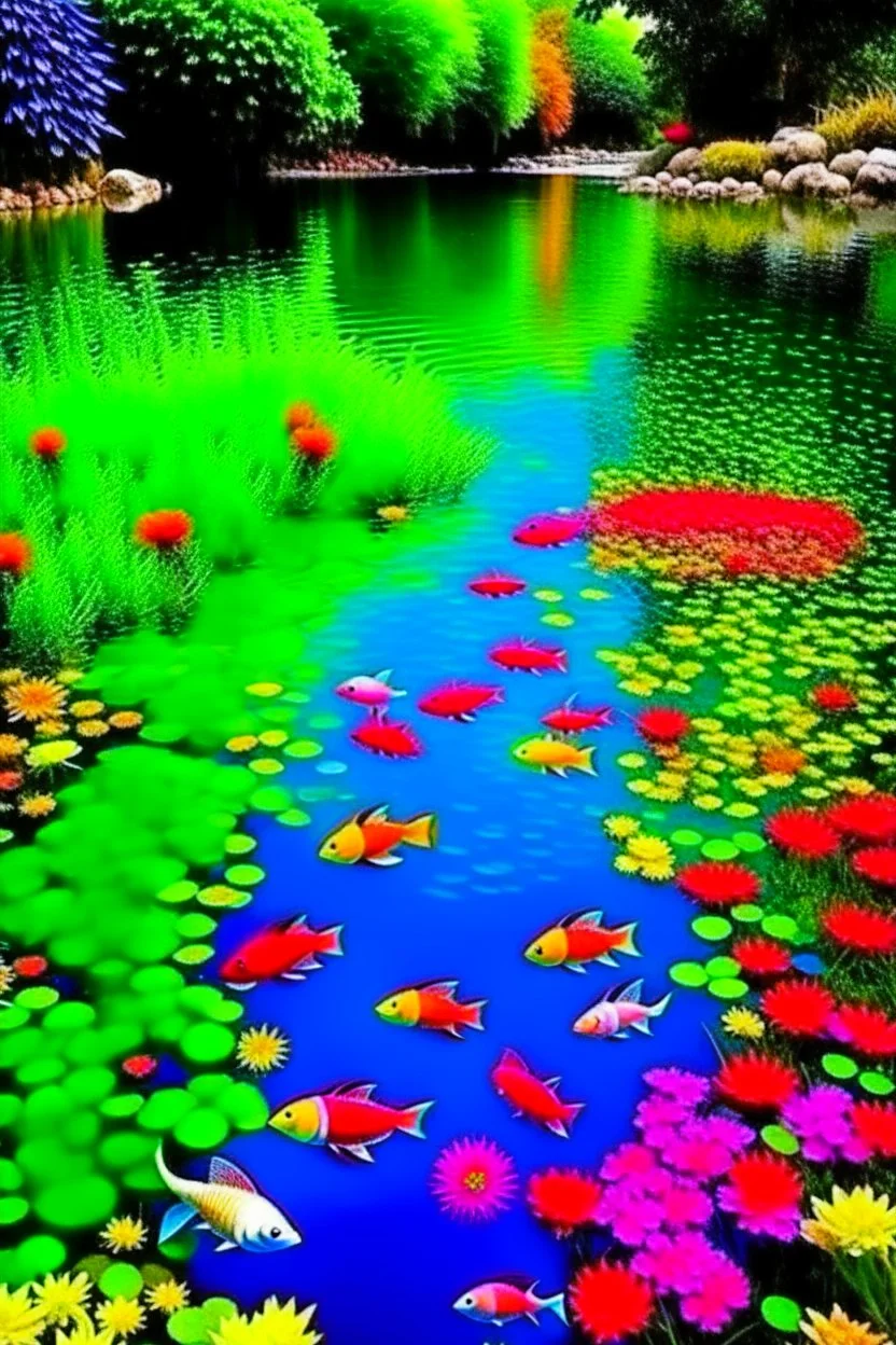 a pond with clear water multicolored fishes underwater flowers vines