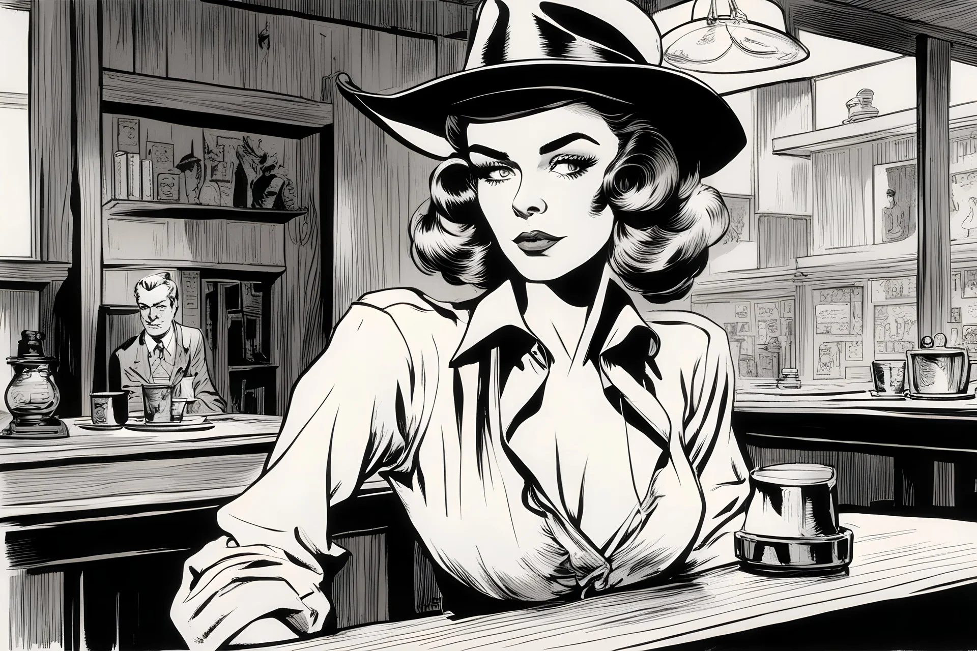 front-view camera, Inking art, Milton Caniff, Alex Raymond, John Buscema, a beautiful european Woman sitting in old west saloon at the table and her eyes look down on a table