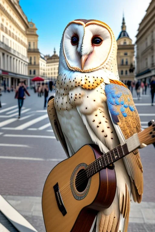 One single mature barn owl, playing guitar in the street , Vienna, friendly, sunny day, model style, hyper realistic, extremely accurate, delicate, extremely detailed, Graphic novel style, wide-angle, open aperture, superfine pencil