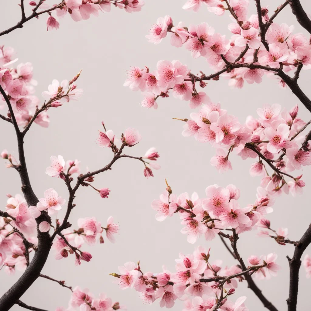 The cherry blossom branches would be depicted with thin and graceful lines, capturing their natural flow and organic structure. The branches may have a slightly wavy or curved appearance, giving them a more realistic and dynamic feel. Buds can be included alongside the fully bloomed flowers, showcasing the different stages of the cherry blossom's life cycle. These buds can be depicted as small, rounded shapes, often positioned close to the main flower or scattered along the branches. Leaves can