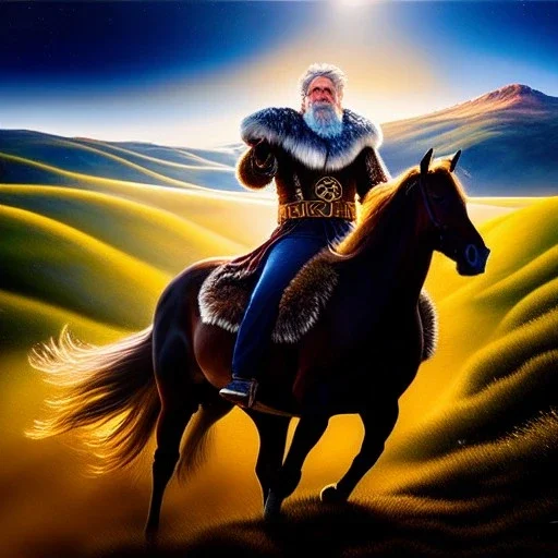 Ultra detailed fullbody Portrait in oil on canvas of Odin with armor riding horse,extremely detailed digital painting, extremely detailed face,crystal clear eyes, mystical colors ,perfectly centered image, perfect composition, rim light, beautiful lighting,masterpiece,8k, stunning scene, raytracing, anatomically correct, in the style of robert e howard and Wizyakuza and Ohrai Noriyoshi and Simon Bisley and uncannyknack