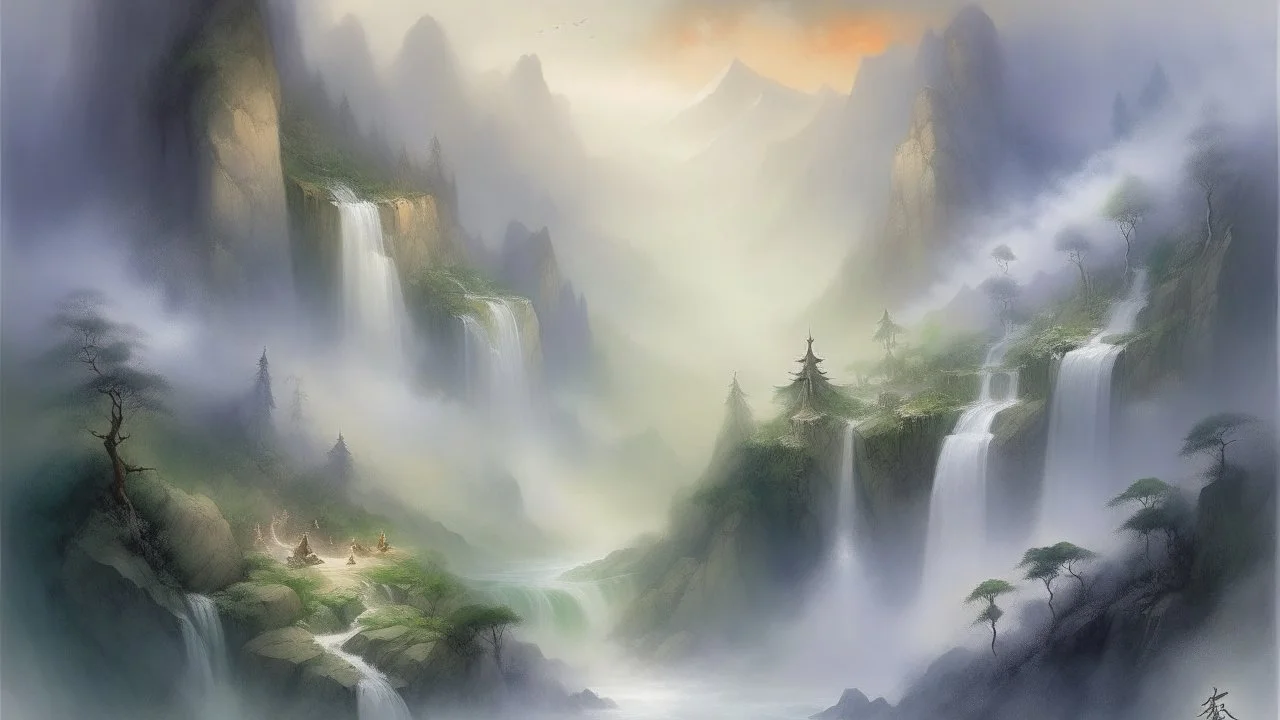 digital painting, A serene, watercolor-style painting of a misty, otherworldly landscape with towering peaks, cascading waterfalls, and mystical elements, reflecting the aesthetic of Alan Lee's illustrations, Smart lighting, bold and slim lines, brush strokes