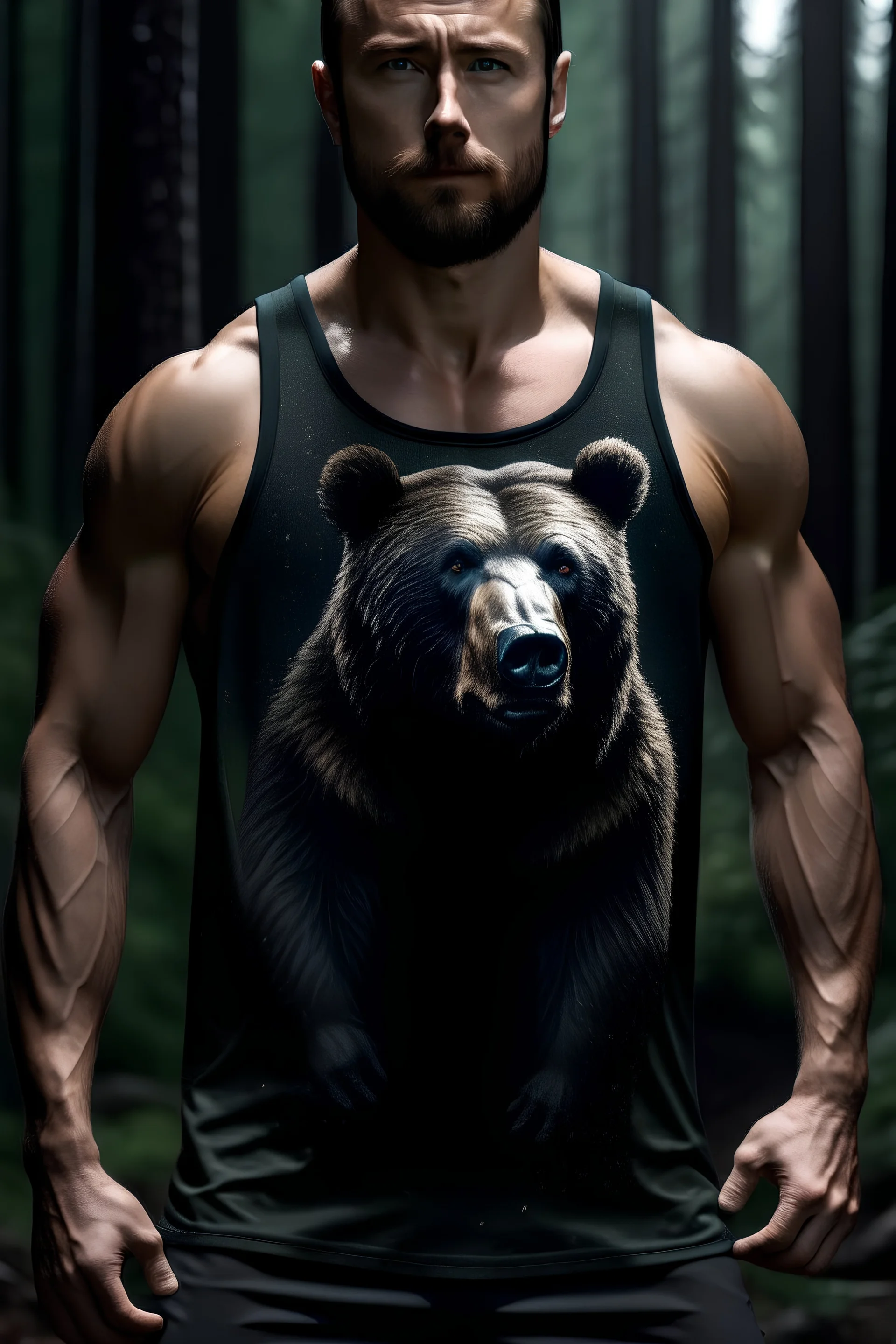 Create a super buff bear with a tank top with standing on the rain in a forest, make it a portrait