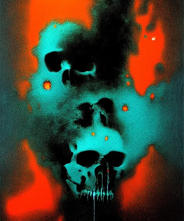 broken skull. black background. smoke and explode. particles in air. teal and orange. abstract. beksinski.