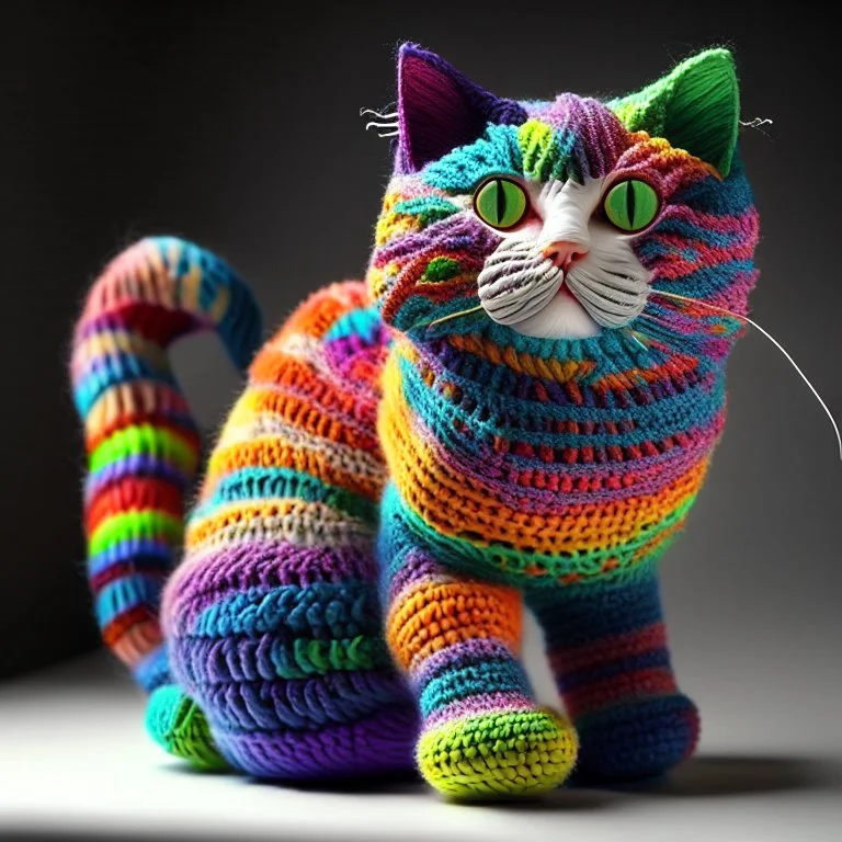 colourful crochet cat, realistic