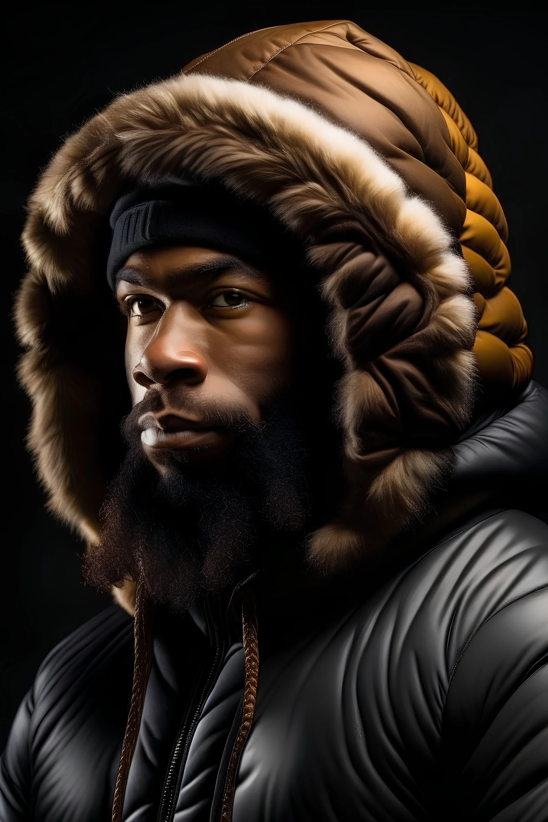 black caveman wearing puffer jacket and a durag