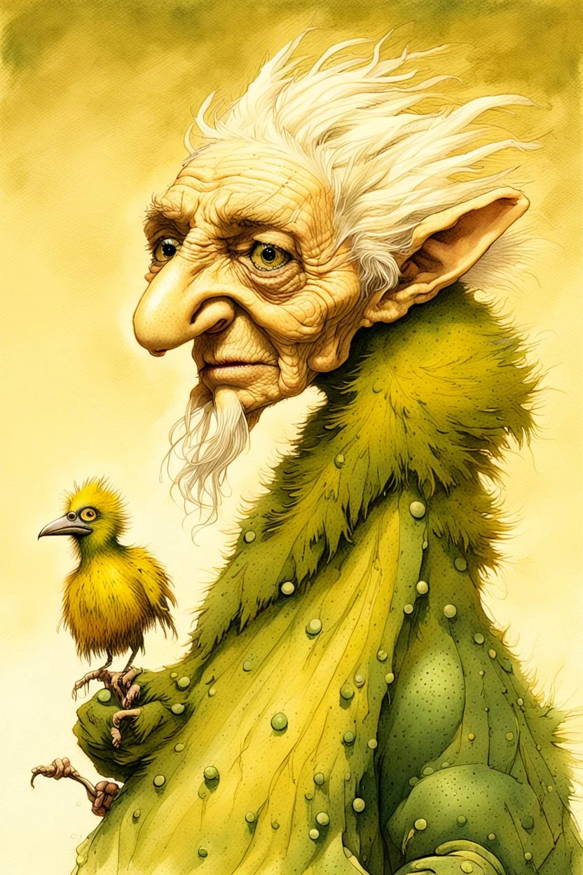 Artist Jean-Baptiste Monge style. A biomorph banana-headed old woman. White eyes. A yellow dotted green furry feathered fluffy dress.