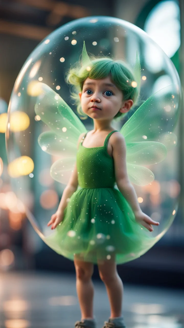 portrait of tiny green winged fairy inside bubble explosion at the train station,bokeh like f/0.8, tilt-shift lens 8k, high detail, smooth render, down-light, unreal engine, prize winning