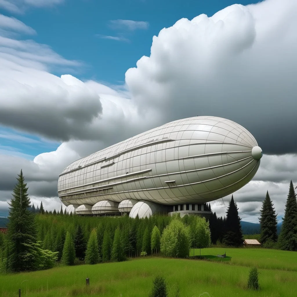 A white airship in the puffy cloud sky designed on Pacific Northwest totem poles painted by Gustave Courbet