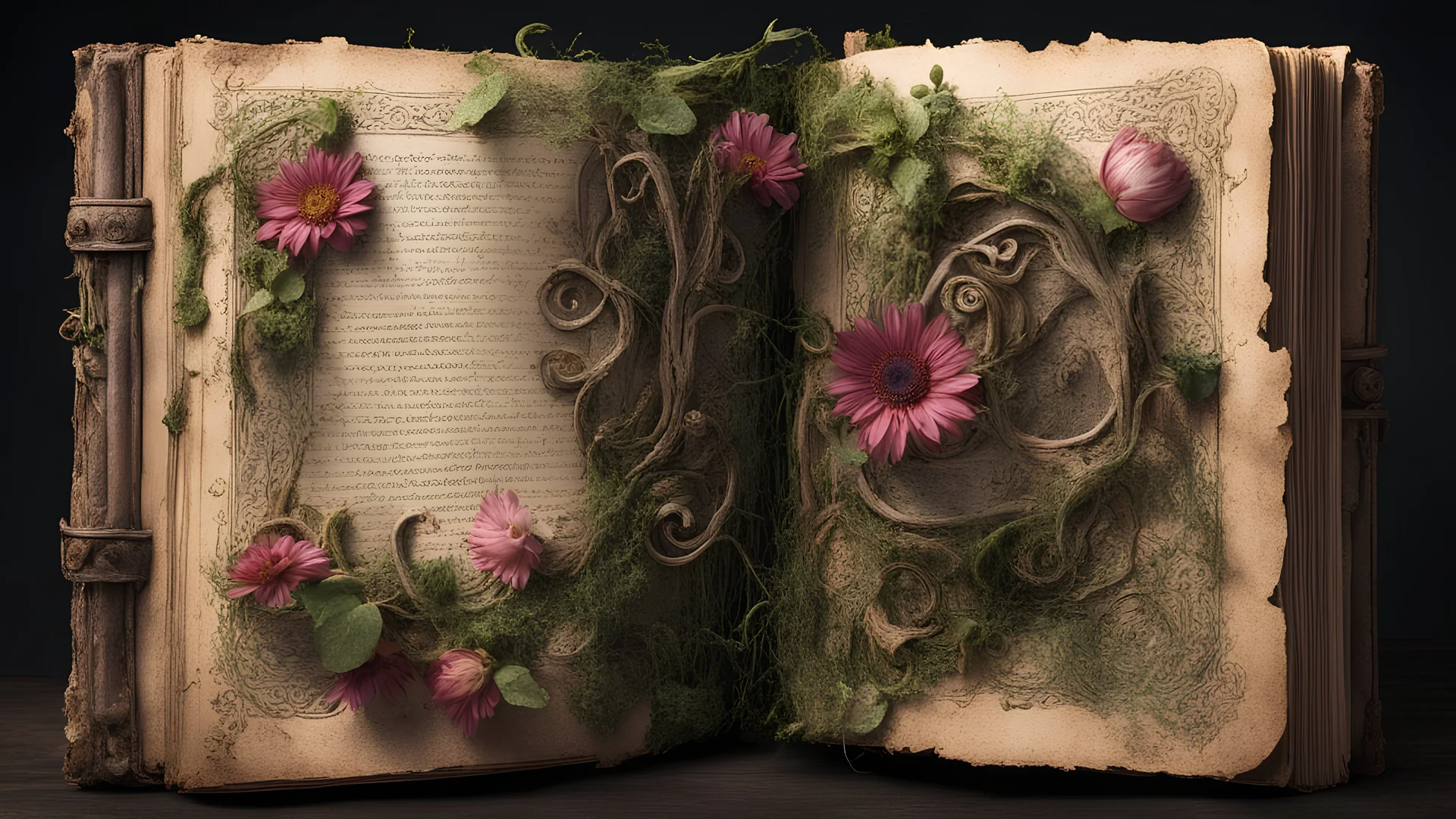 ancient spellbook, cover made from flowers, vines, tattered, loose pages