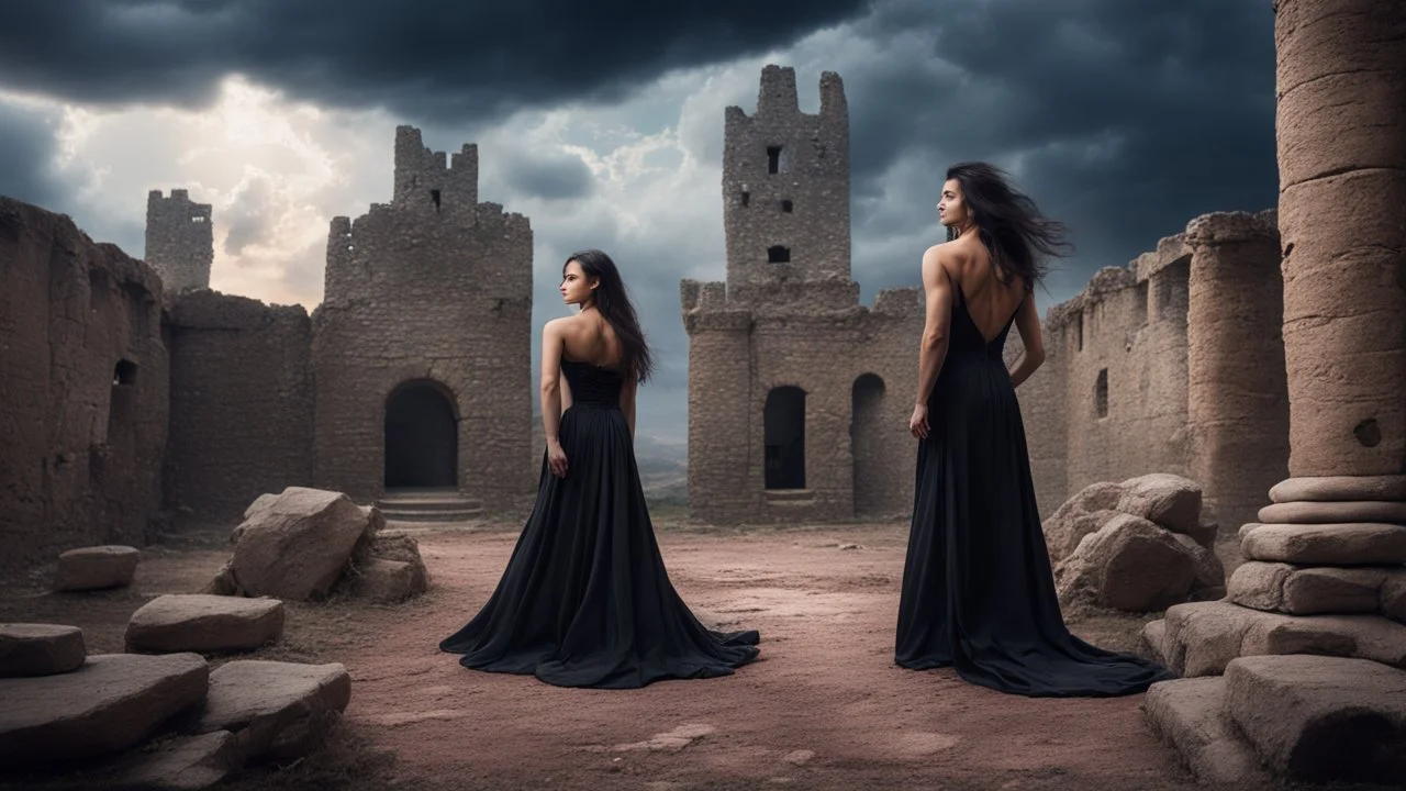 Hyper Realistic photographic-view of an extremely-Handsome-Muscular-Man In Black-tuxedo & beautiful-woman-with-long-black-hair-&-black-gown both-getting-romantic in the middle of an ancient-prehistoric-castle-ruins with wedding-setup & UFOs on cloudy-maroon-sky with thunderstorm giving it a dramatic & cinematic ambiance