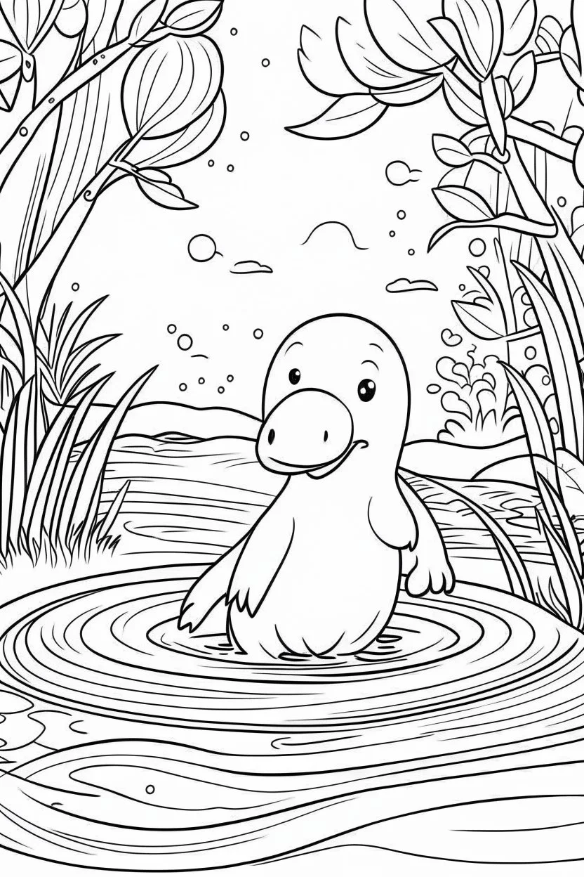 HAPPY NEW YEAR coloring page for kids, Platypus splashes in river reflections , thick outline, low details, no shading, no color