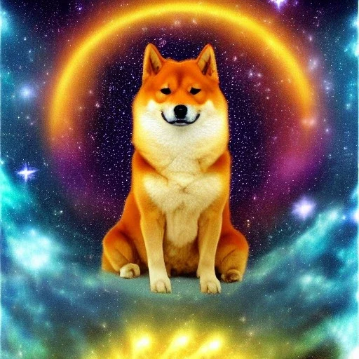 third eye ascension shiba inu doge with heaven glowing aura starry sky lightning