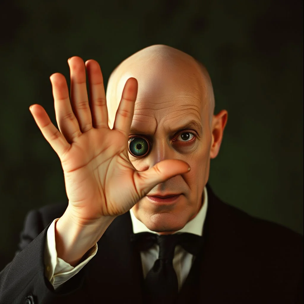 Bald Aleister Crowley holding up hand covering one side of his face revealing a mystical eye in his palm, portrait of the wickedest man on earth, in "Pans Labyrinth" movie still aesthetic, glitchy textures