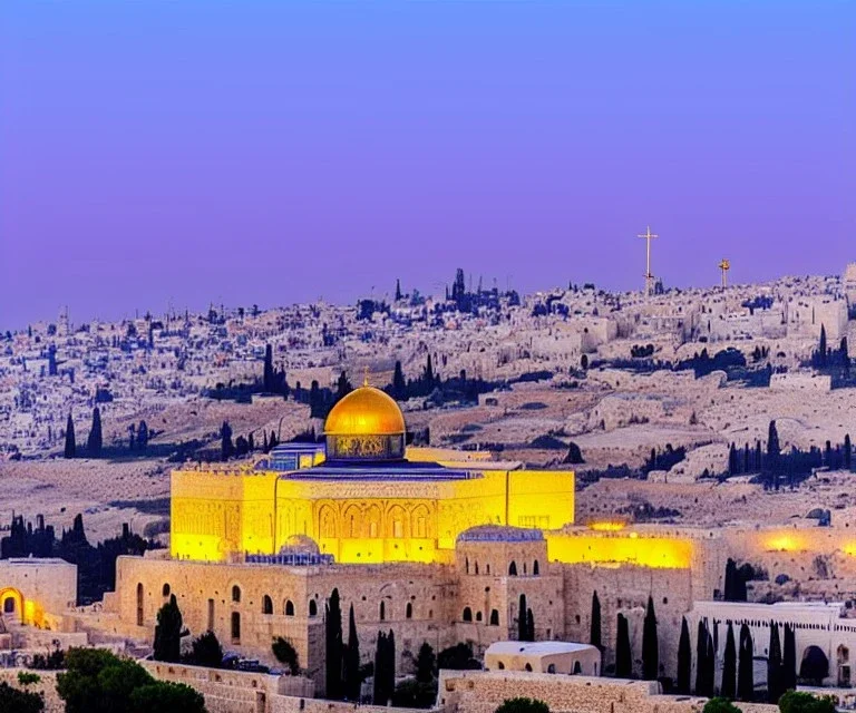 100,000,000 christians, men, women,and children, WORSHIPPING, dressed in white, beam of light coming from square Temple in center, Jerusalem, hills and valley in background, dusk, stars