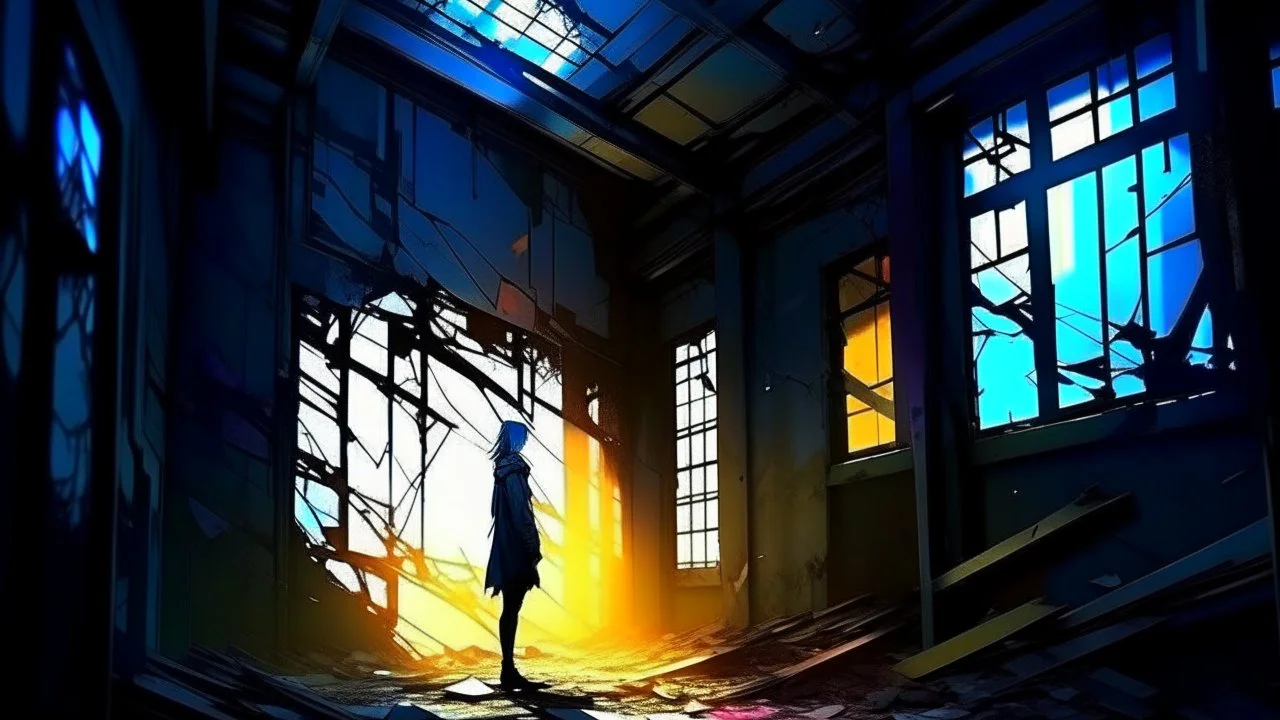 colorful flat illustration classical animes, A dark phantom lurking in an abandoned building, its form distorted and shadowy, with broken windows letting in flickers of light, revealing dust particles floating in the air., splitlight effect, profesional photography, hard shadows, high contrast, draw art style influenced by japanese artists, niji, black outlines