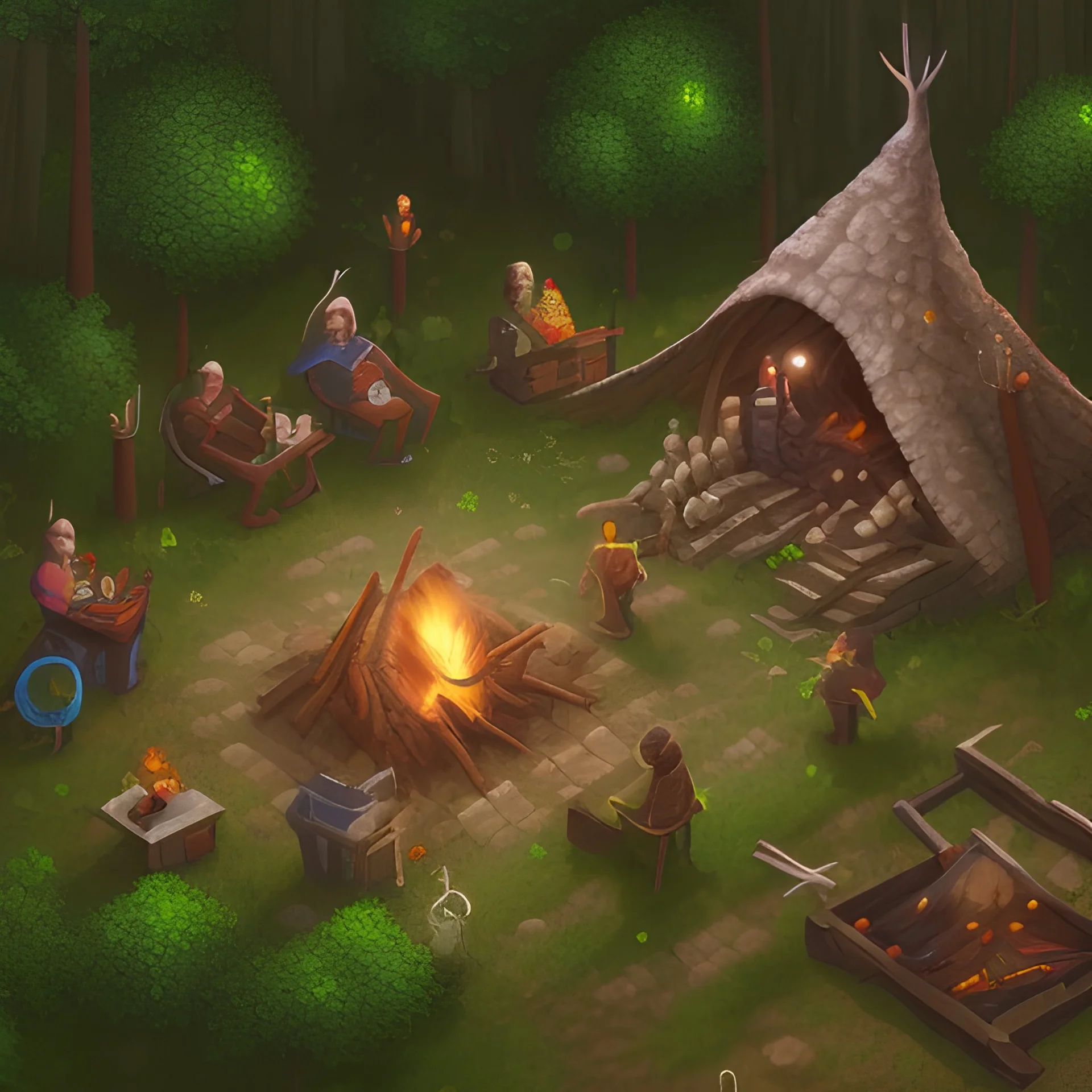 a group of people working on a base in the forest by a campfire in the medieval times, all in pixel art cartoony stile