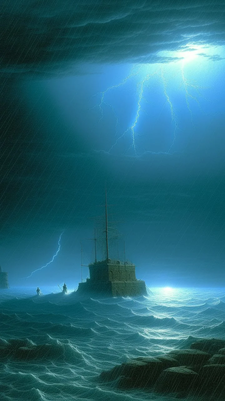 A cyan tempest fortress in a thunderstorm painted by Caspar David Friedrich