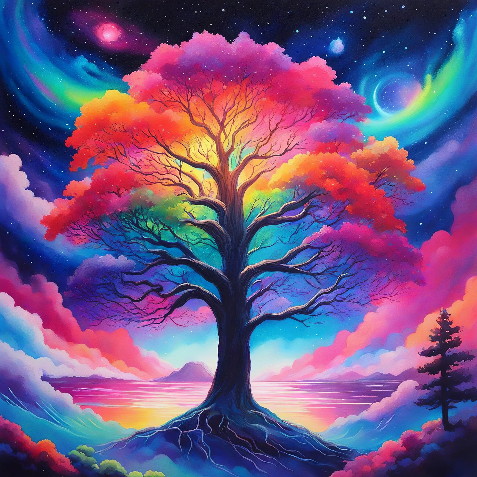 Large, radiant, neon-glowing rainbow tree set against a cosmic landscape, splashes of vibrant paints, detailed as a watercolor painting, signature style of IIya Kuvshinov, cosmic background, iridescent branches, luminescent roots, rolling nebula clouds, swirling galaxies, stunning color vibrancy, brilliant neon lights, ethereal aura, whimsical watercolor technique, celestial beauty, metic