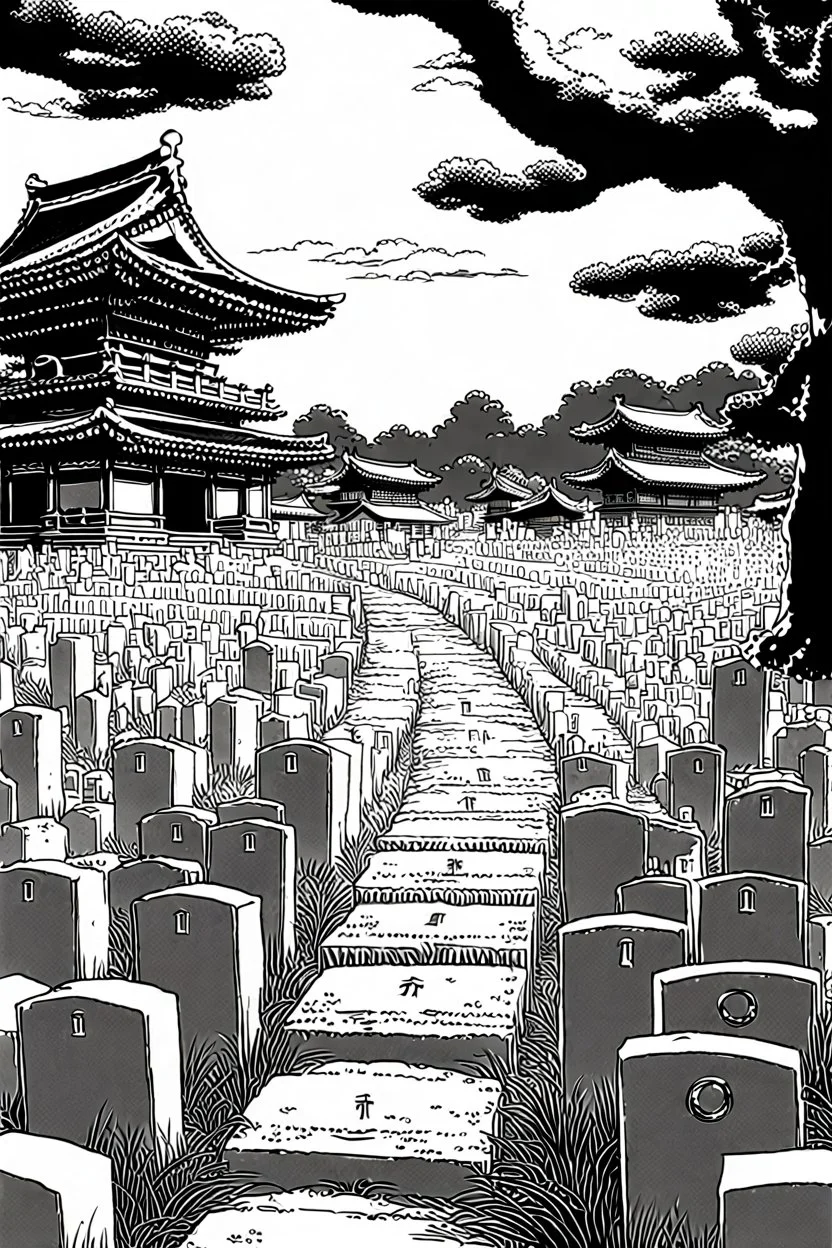 landscape, Japanese open air flat cemetery with thousand gravestones, high detail, manga style, grayscale