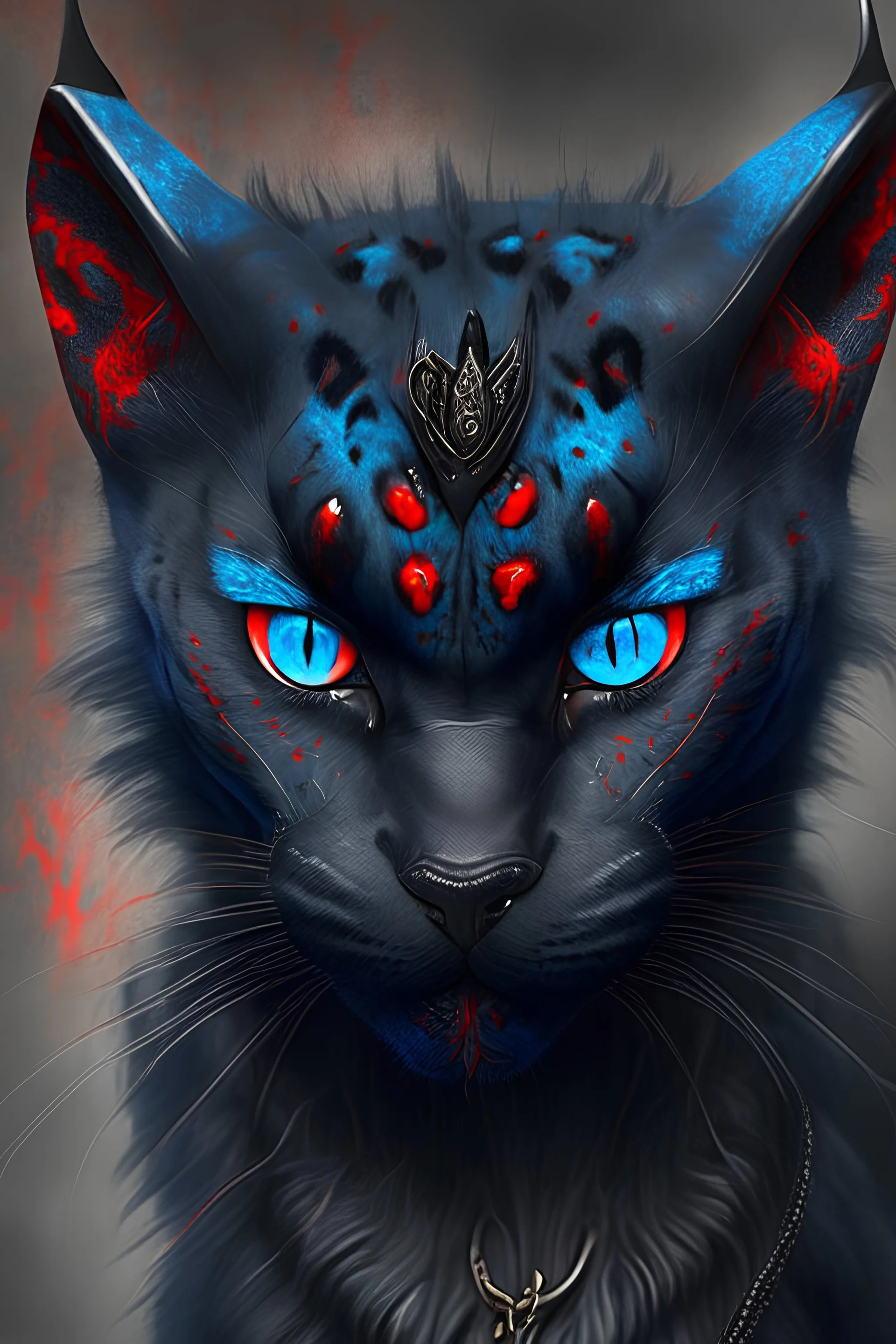 Black red leopard tabaxi with devil horns and blue eyes