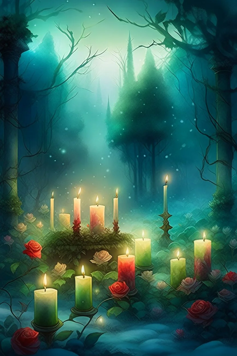 CANDLES ARE BURNING IN A WONDERFUL CLEARING IN A MAGICAL FOREST, THE NIGHT IS FULL MOON, SNOW, MAGIC 77. Watercolor, double Chinese rose bush, ultra-detailed, morning, rain, greenery, beautiful landscape, fog, many details, delicate sensuality, realistic, high quality, 3d, work of art, hyperdetalization, filigree, foggy haze background, hyperrealism, professional, transparent, delicate pastel tones, back lighting, contrast, fantastic, unreal, translucent, glowing, clear lines, epic fabulous, fab