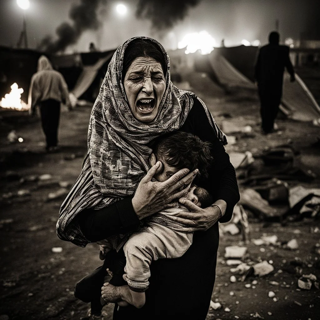 A Palestinian woman wearing the Palestinian dress carries her dead son as she screams and cries at night, with explosions in refugee tents behind her.