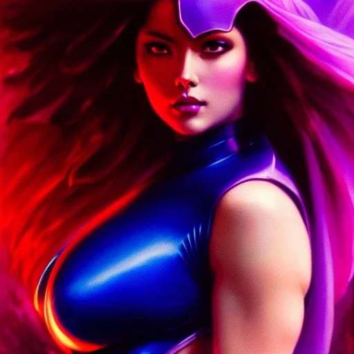 Drawing of beautiful face,'beautiful booty,Busty Psylocke',intense stare, ancient skintight armor, balanciaga fashion clothe painting by gaston bussiere, greg rutkowski, yoji shinkawa, yoshitaka amano, tsutomu nihei, donato giancola, tim hildebrandt, Oil on canvas, cinematic composition, extreme detail,fit full head inside picture,16k