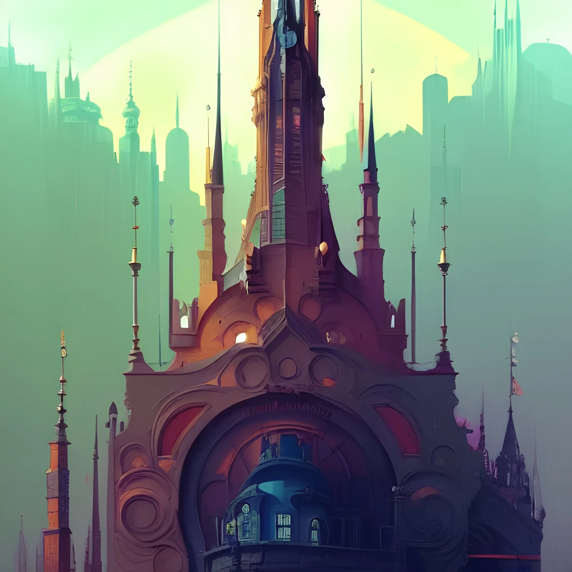 Skyline magic,Beaux Arts architecture,detailed facades,Book illustration by Gediminas Pranckevičius, Jean Baptiste Monge, Brian Kesinger, Anton fadeev, Kilian Eng, strong lines, high contrast vibrant colors, highly detailed, 16k resolution, trending on behance