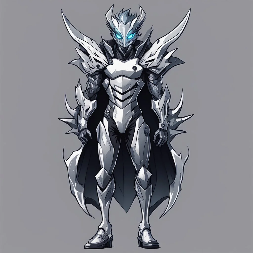 Logo silver skinned anime Dragman cyberpunk with dragon mask in his eyes full body