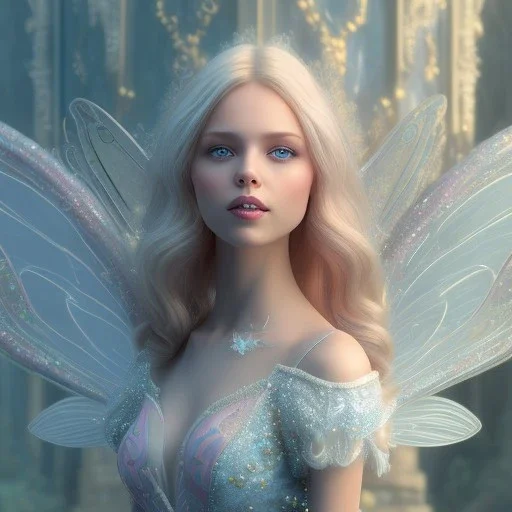 in front of a pink castle, a cheerful fairy, big smile, pink, blonde hair, beautiful, whole face, whole top hair head, wide open blue eyes, transparent wings onn the back, hyperrealism, masterpiece, expert, cinematic lighting, sharp focus, 8K, pastel, macro lens, woman, detailed, flower