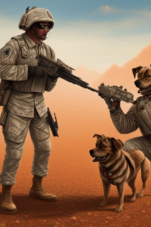 A soldier dog dressed in military combat uniform fighting another soldier dog in the hot desert landscape, digital illustration portrait, dog's face is snarling, aggressive, angry, Craig Miller , futuristic, pulp fiction graphic novel style, hyperrealism, photorealism