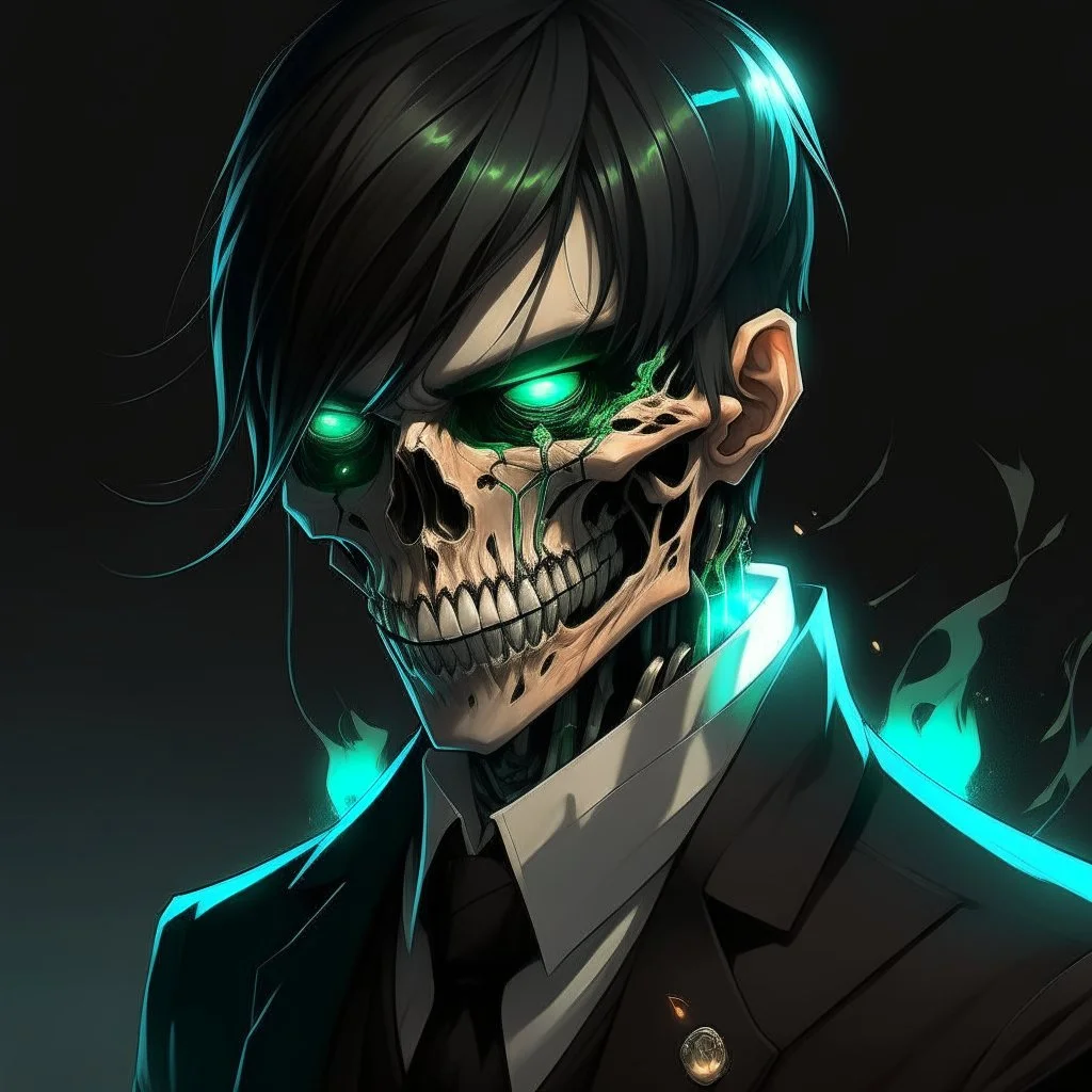 man, half-elf, young, noble, suit, skull mask covers half of the face, pale skin color