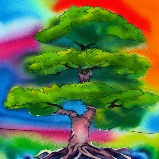 abstract watercolor bonsai tree