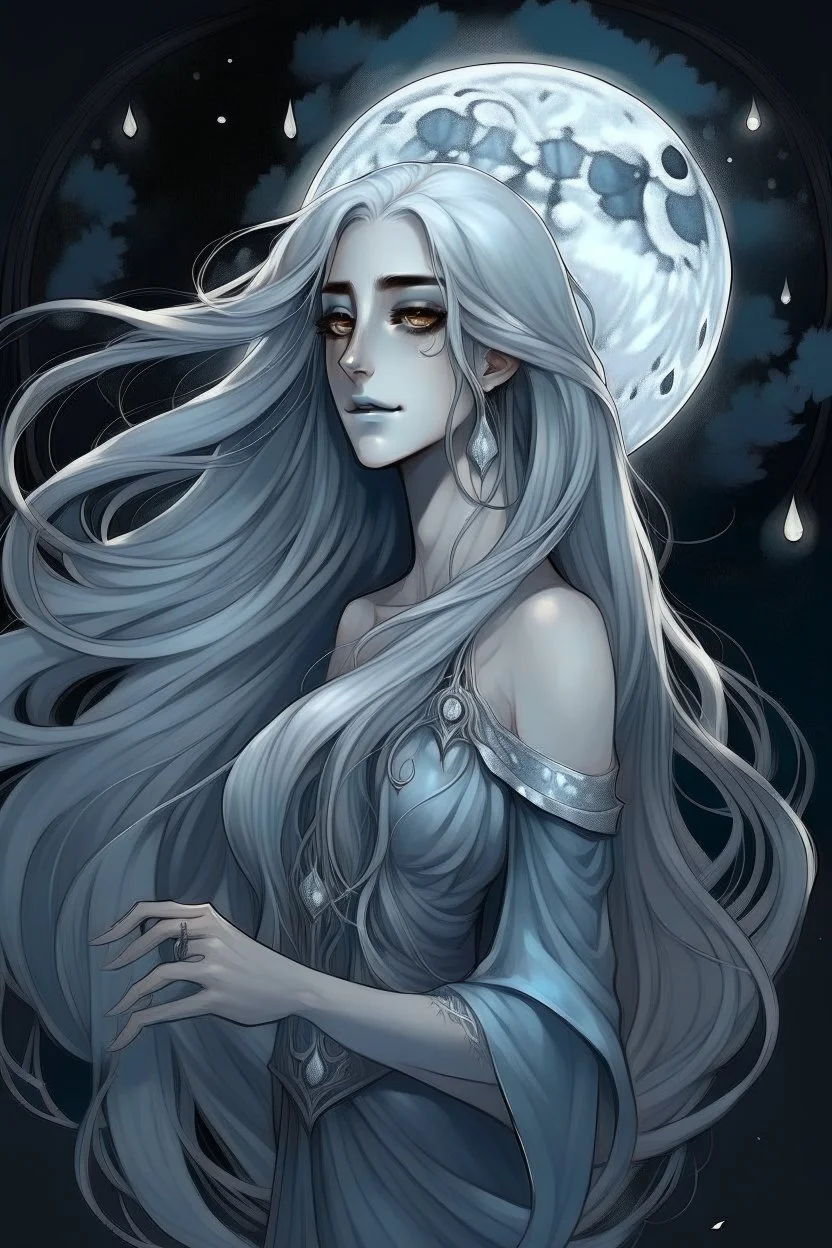 **Background:** Luna Silverwood is a reclusive artist who specializes in creating intricate and enigmatic drawings under the moonlight. Her work is known for its haunting beauty and its ability to convey the ineffable. **Appearance:** Luna has pale, ethereal features with long silver hair that seems to shimmer in the moonlight. She dresses in flowing, dark-colored clothing that accentuates her mysterious aura.