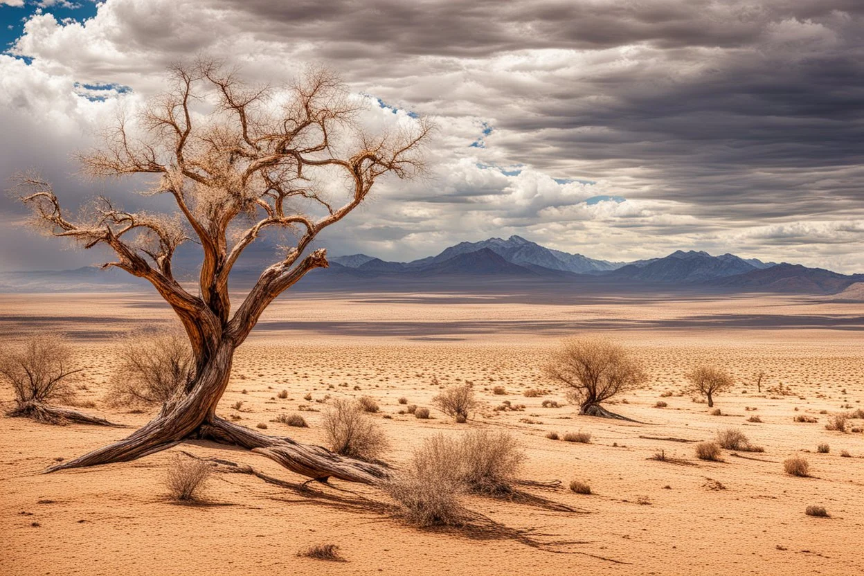 epic clouds, arid land, distant mountains, dry trees, epic