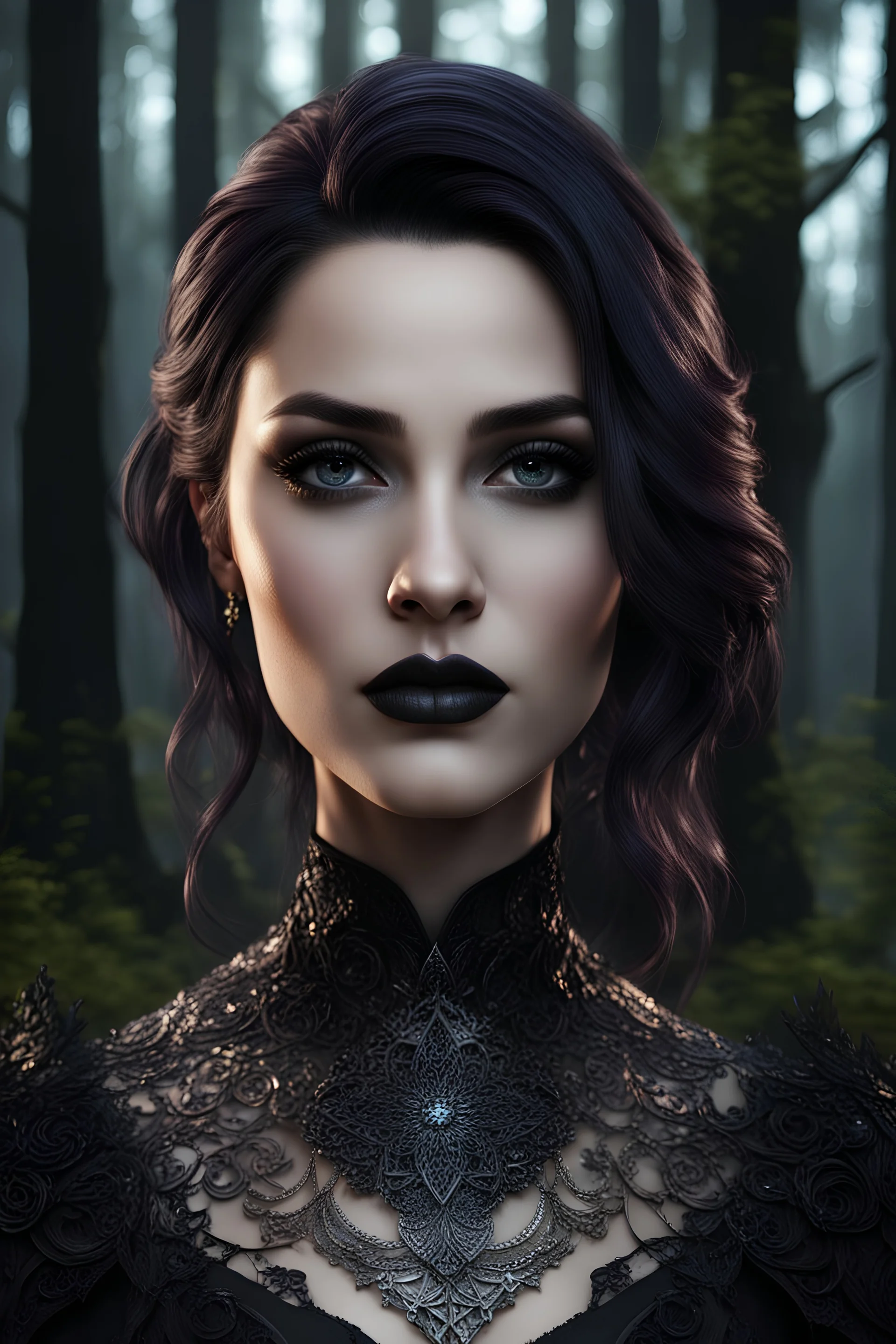 Beauty goth woman portrait , gothic, background forest, fine detail, atmospheric sharp focus, sharp edges, Broken Glass effect, stunning, breathtaking beauty, Volumetric light, reflects detailed masterpiece, 8k resolution, dark fantasy concept hyperdetailed, intricately detailed, deep color, Unreal Engine and have a mustache