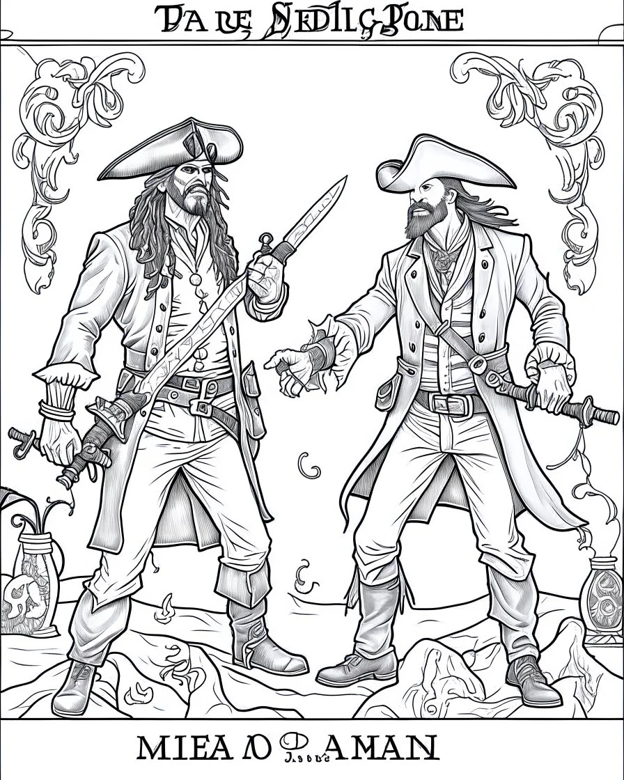 Pirates of the Caribbean: Dueling Pirates Coloring Challenge: Create an action-packed coloring page inspired by the Pirates of the Caribbean movie, featuring a dramatic scene with two pirates engaged in a thrilling sword duel. Capture the intensity of the battle with dynamic poses and expressions, providing ample space for young artists to color the characters and their surroundings in black and white. This coloring challenge invites kids to infuse their creativity into the high-stakes world of