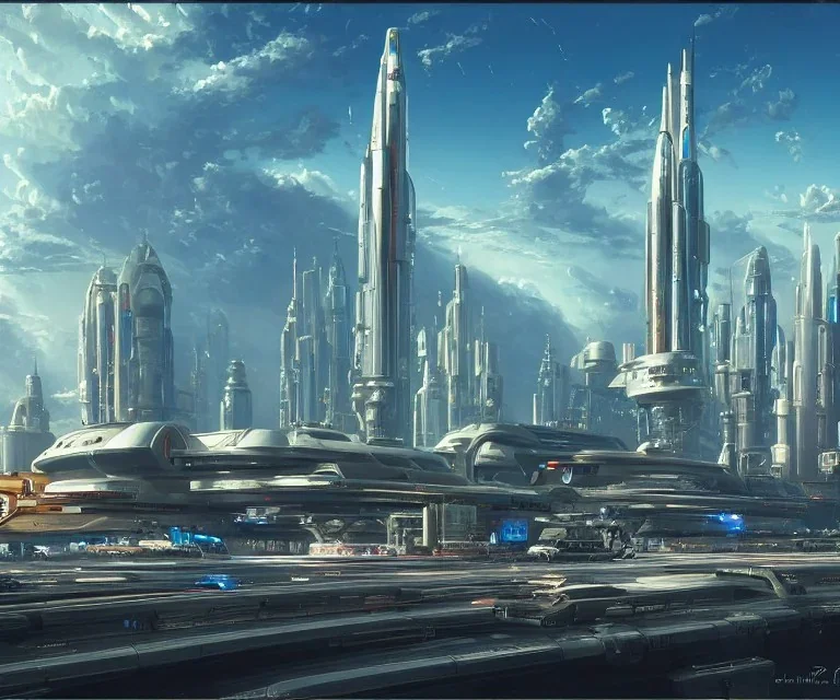 Spaceport on a heavy industrialized planet with a futuristic city in the background and a docked spaceship in the foreground, retrofuturistic, art by John Berkey, buildings with glass facades, Brutalität architecture, insanely detailed, vibrant, 8k uhd, cinematic atmosphere, ultra-wide angle, street level view, brush strokes, blue sky with clouds, sharp focus