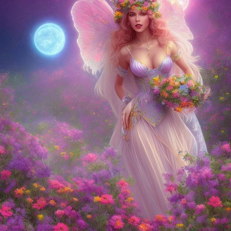 bright fairy in a flowery landscape synthwave, colorful, concept fairy art, smooth, extremely sharp detail, finely tuned detail, ultra high definition, 8 k