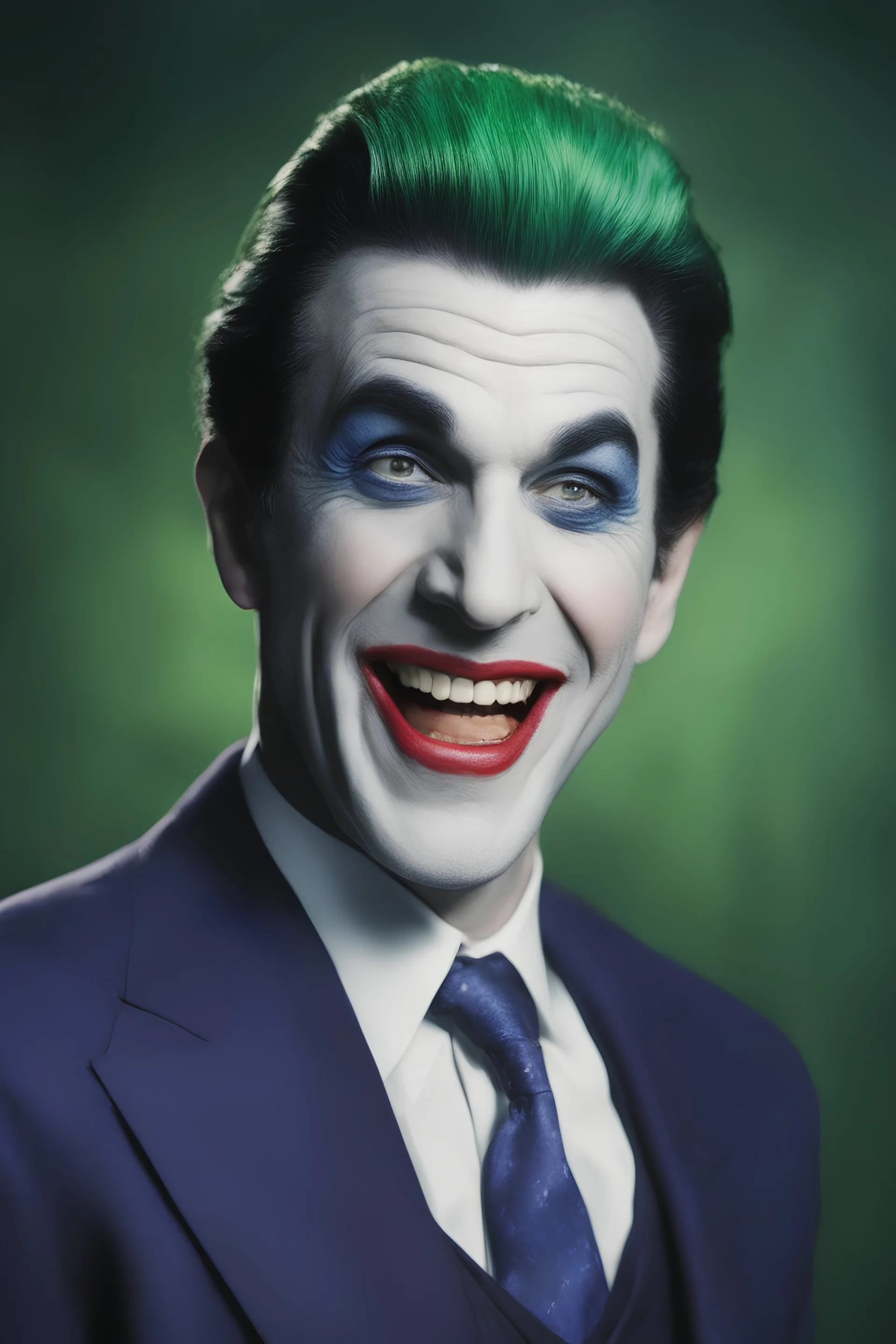 Bela Lugosi as Herman Munster Superman Joker, laughing, green hair - Blue eyes - full color - 32k, UHD, 1080p, 8 x 10, glossy professional quality digital photograph - dark foggy gradated background, historic, powerful, octane rendering, exquisite detail, 30 - megapixel, 4k, 85 - mm - lens, sharp - focus, intricately - detailed, long exposure time, f8, ISO 100, shutter - speed 1125, diffuse - back - lighting, ((skin details, high detailed skin texture)),