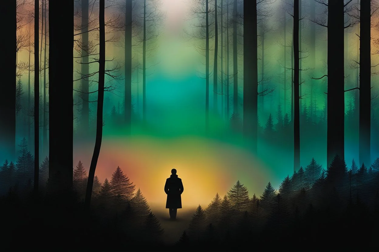 a backdrop of dusk a solitary figure silhouette of a person, is depicted, moving away from the viewer into a dense forest in a misty landscape, hinting at the need for secrecy and seclusion. The colors could be muted, evoking a sense of mystery and suspense. deep colors, harmonic stunning colors transition, black ink, mystic, surreal style, alone mood