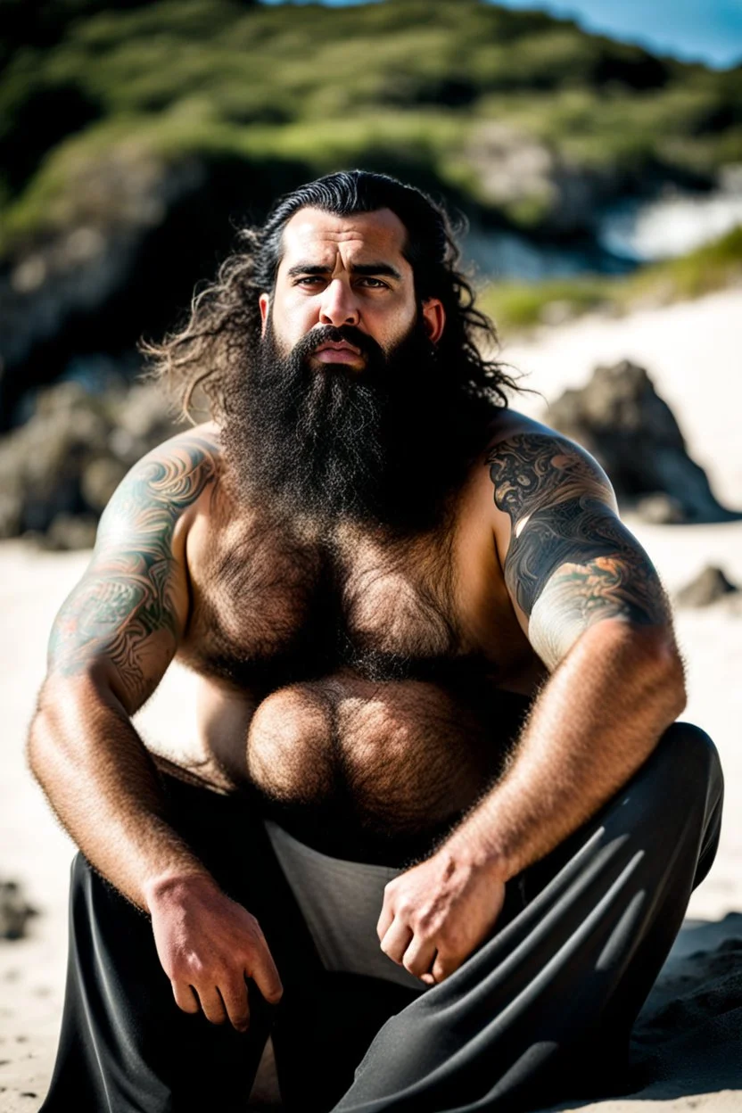 photography of a tired chubby hairy burly 35 years old ugly arab carpenter, big nose, tattoo, long beard, shaved hair, manly chest, angry eyes, open legs , on the beach in the sun, big shoulders, big tights, side light, ground view angle,bartoslora1 man