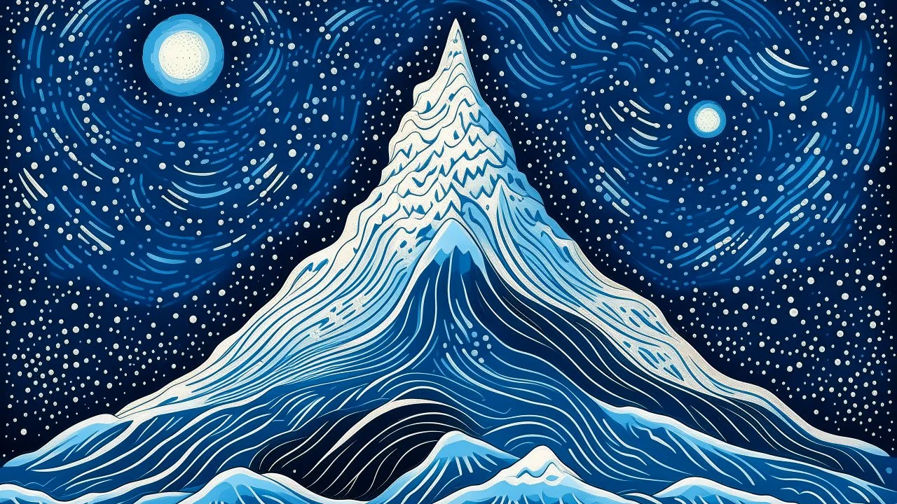A white and light pale blue snowy peak in the starry night sky designed in ancient Egyptian pottery painted by MC Escher