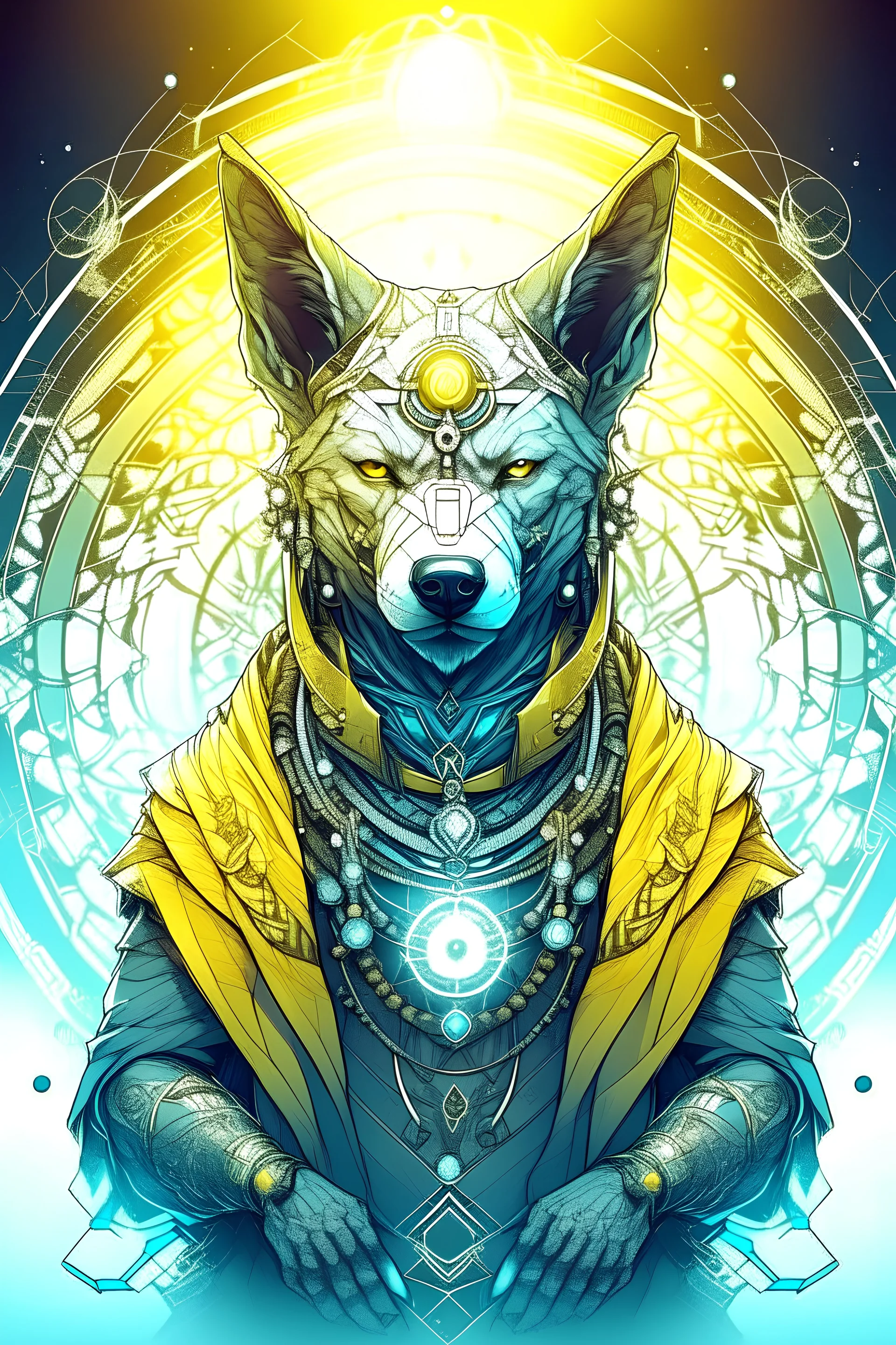 Futuristic deity of man with inner wolf, wisdom of the world, and ambitions