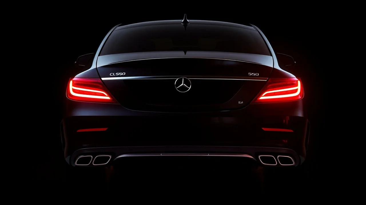 Full view of the rear view of a black Mercedes-Benz CLS 550 with bright neon lights on a black background