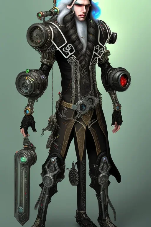 male black elf with long white hair wearing a steampunk exoskeleton powered by gears, in fantasy style