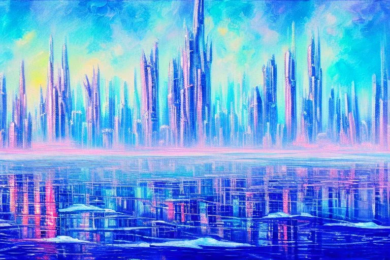 Futuristic city, frozen lake, impressionism painting