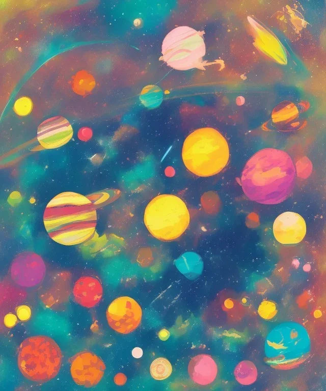 colorful planets. ink, poster, acrylic