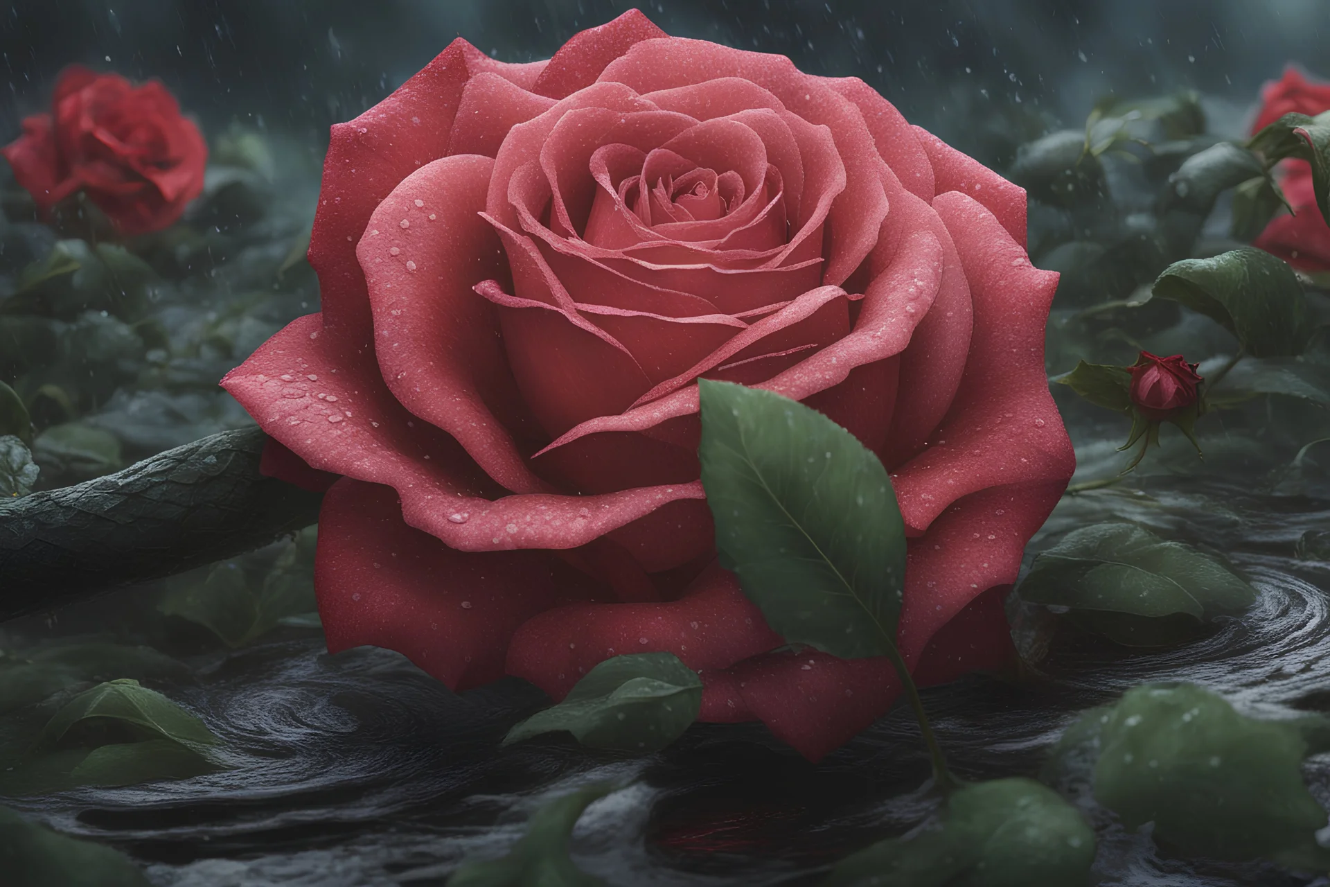 One rose and snakes around itin 8k anime artstyle , close picture, rain, intricate details, highly detailed, high details, detailed portrait, masterpiece,ultra detailed, ultra quality